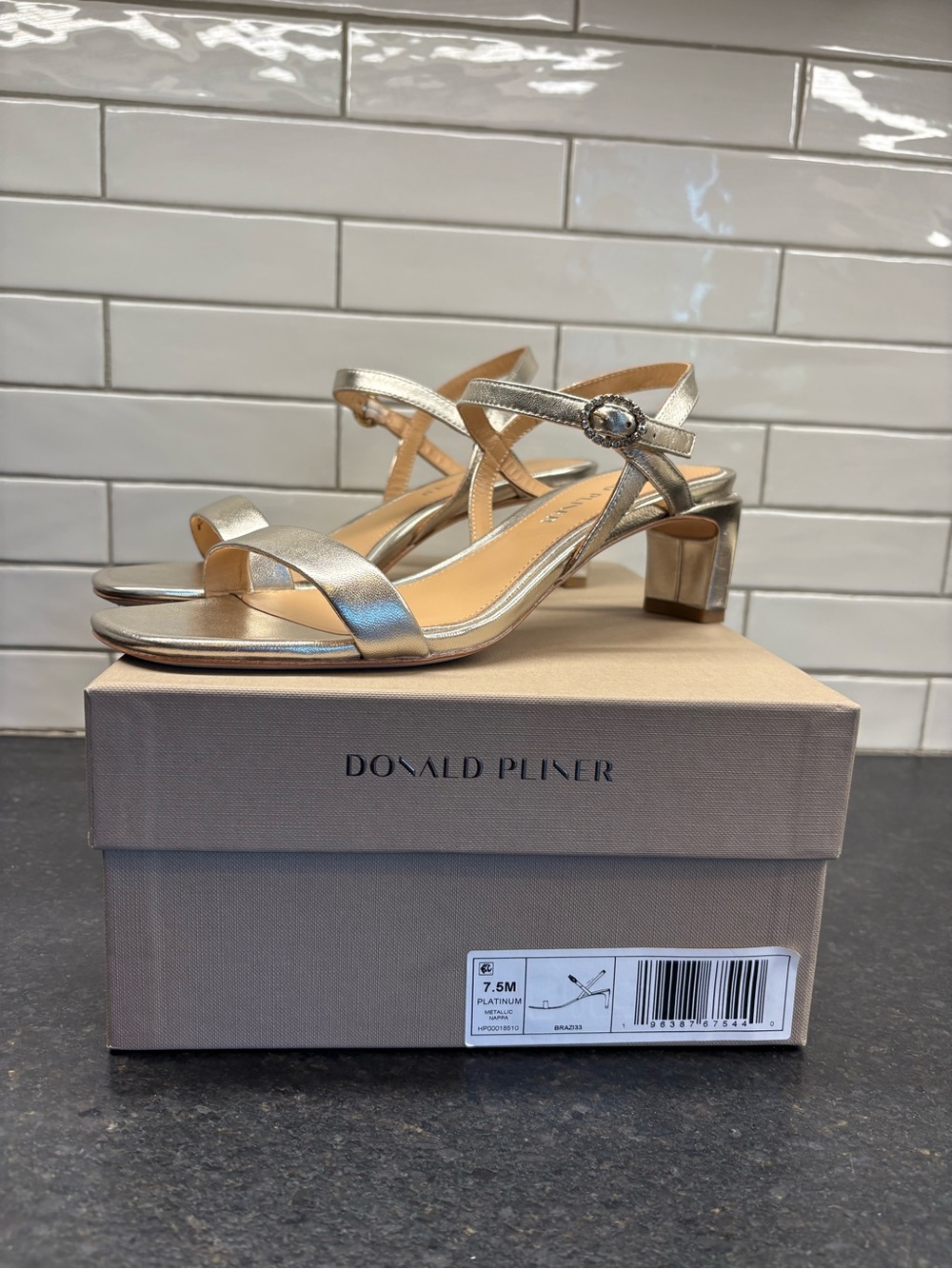 Donald J. Pliner Platinum Metallic Low Block Heel Sandals. Never worn.